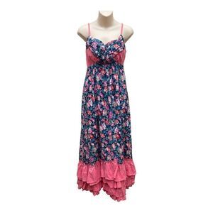 Lulumari Pink Green Floral Peasant Sleeveless Boho Maxi Dress Size M 100% Cotton